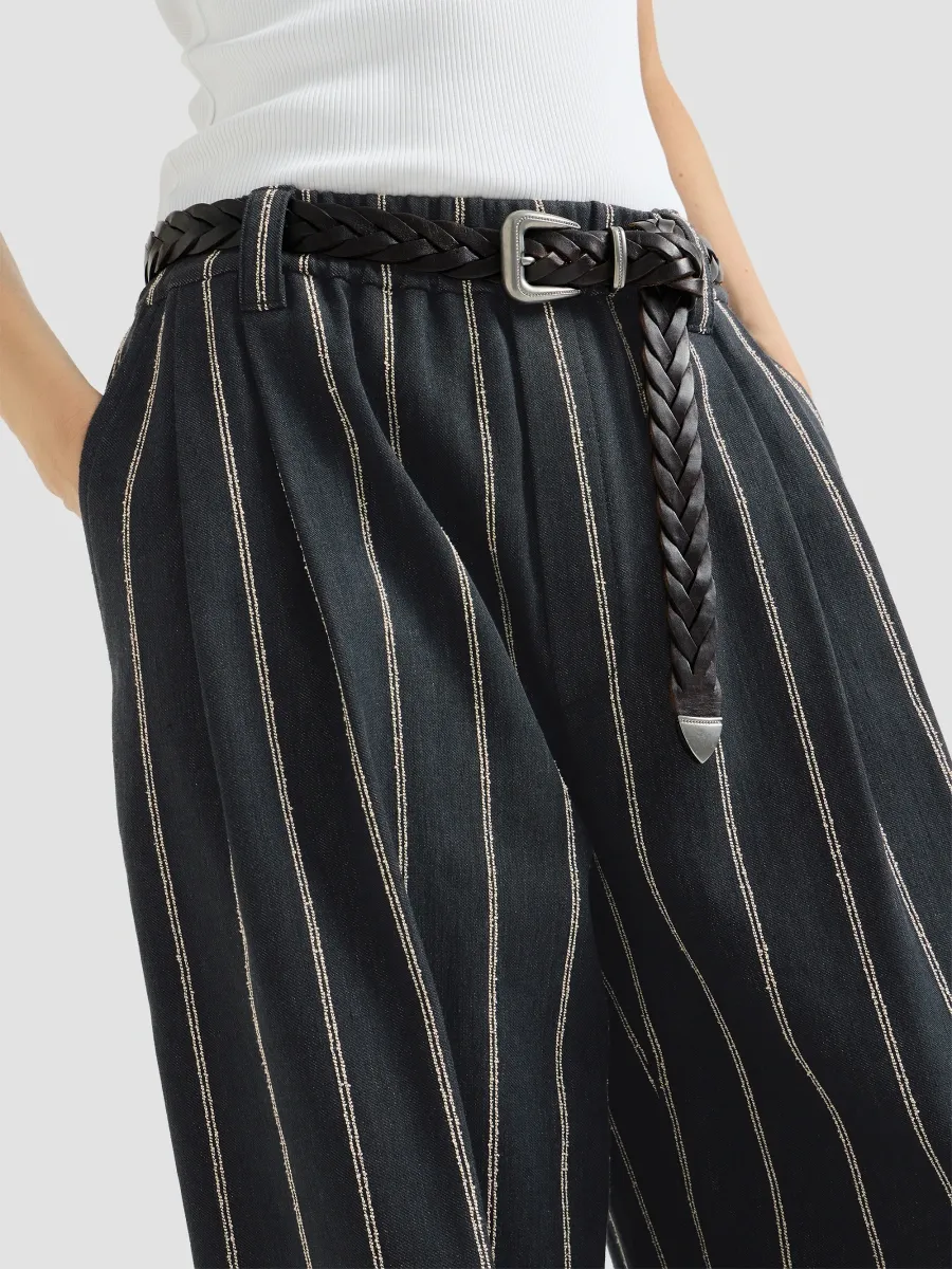 Brunello Cucinelli Women's Double Chalk Stripe Cotton and Linen Denim Barrel Trousers with Monili - Denim | Thumbnail 6