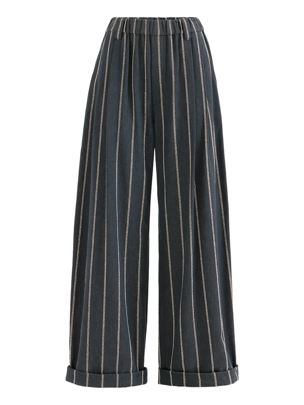 Women's Double Chalk Stripe Cotton and Linen Denim Barrel Trousers with Monili - Denim