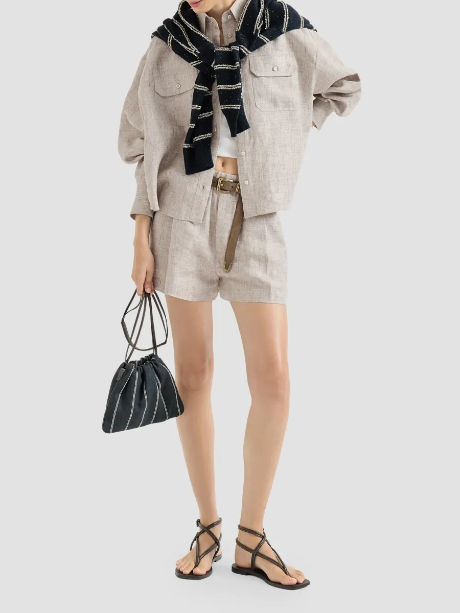Brunello Cucinelli Women's Sparkling Linen Baggy Shorts with Monili - Light Grey | Thumbnail 2