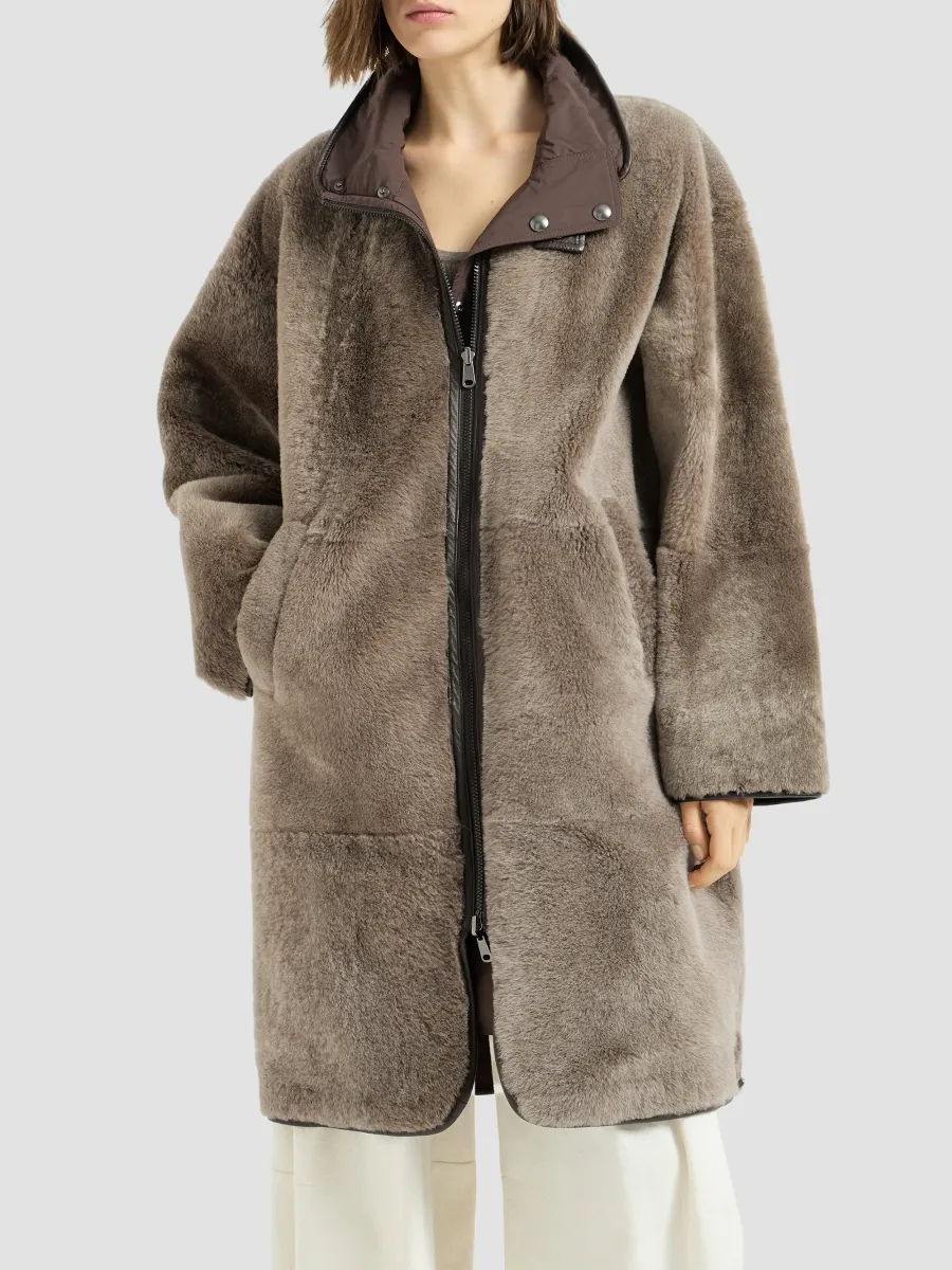 Brunello Cucinelli Women's Reversible Shearling Coat with Monili - Brown | Thumbnail 2 Brunello Cucinelli Women's Reversible Shearling Coat with Monili - Brown | Thumbnail 2