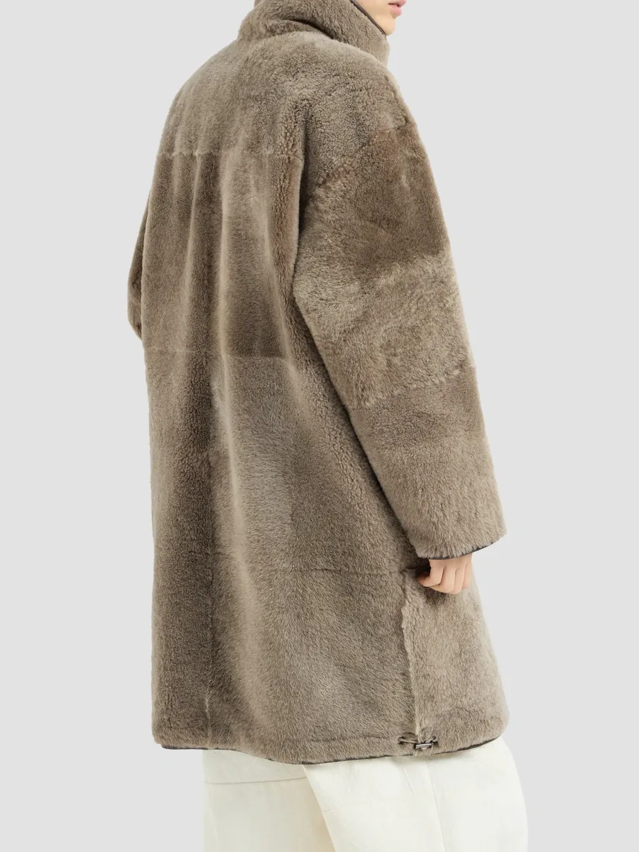 Brunello Cucinelli Women's Reversible Shearling Coat with Monili - Brown | Thumbnail 3 Brunello Cucinelli Women's Reversible Shearling Coat with Monili - Brown | Thumbnail 3