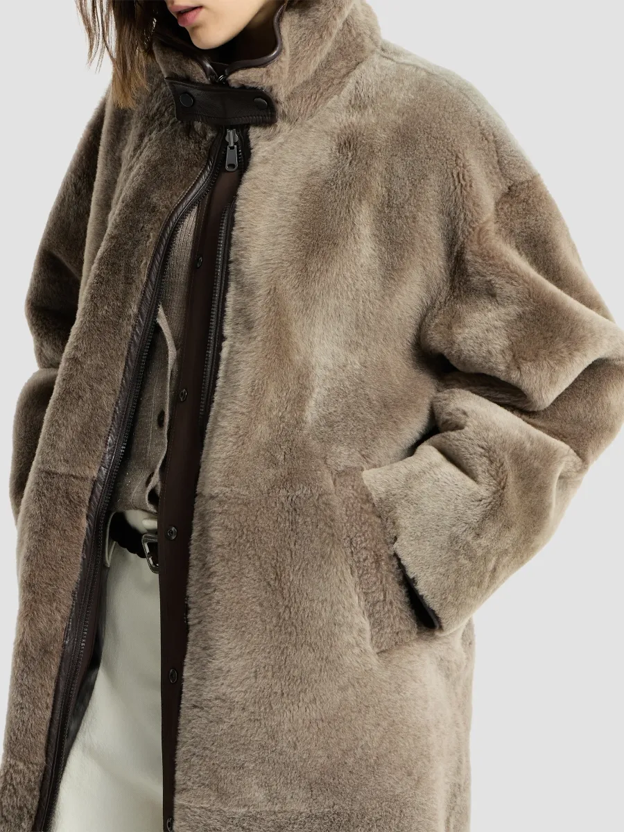 Brunello Cucinelli Women's Reversible Shearling Coat with Monili - Brown | Thumbnail 4 Brunello Cucinelli Women's Reversible Shearling Coat with Monili - Brown | Thumbnail 4