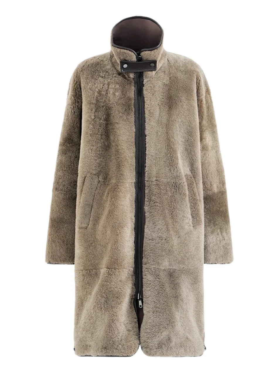 Women's Reversible Shearling Coat with Monili - Brown