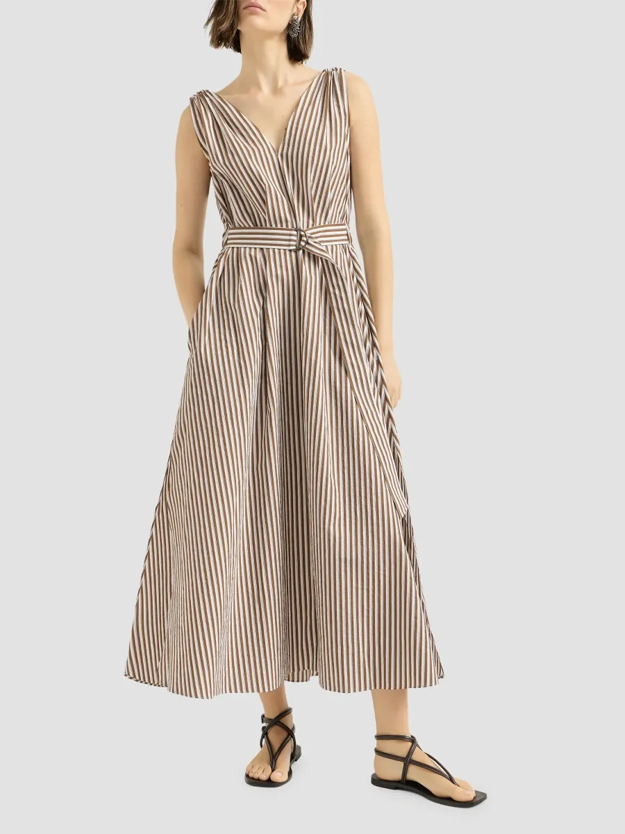 Brunello Cucinelli Women's Striped Wrinkled Poplin Dress with Monili - Beige | Thumbnail 2 Brunello Cucinelli Women's Striped Wrinkled Poplin Dress with Monili - Beige | Thumbnail 2