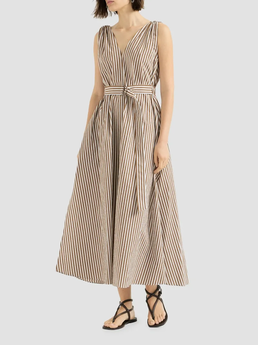 Brunello Cucinelli Women's Striped Wrinkled Poplin Dress with Monili - Beige | Thumbnail 6 Brunello Cucinelli Women's Striped Wrinkled Poplin Dress with Monili - Beige | Thumbnail 6