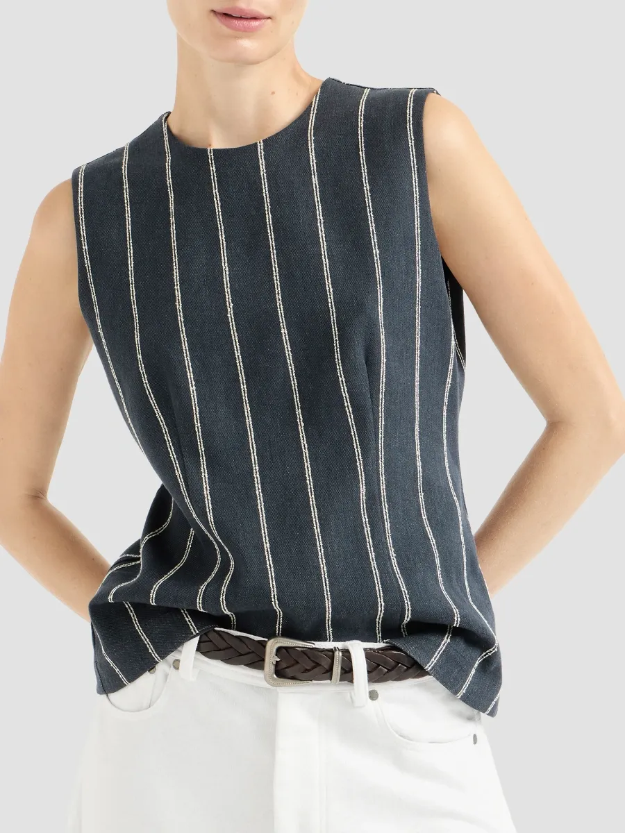 Brunello Cucinelli Women's Double Chalk Stripe Cotton And Linen Denim Top With Monili - Denim | Thumbnail 2 Brunello Cucinelli Women's Double Chalk Stripe Cotton And Linen Denim Top With Monili - Denim | Thumbnail 2