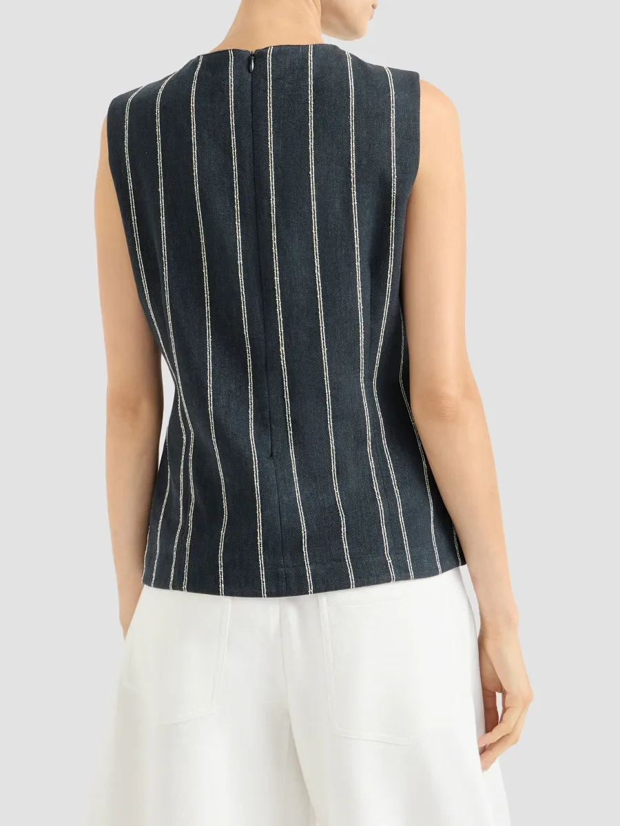 Brunello Cucinelli Women's Double Chalk Stripe Cotton And Linen Denim Top With Monili - Denim | Thumbnail 3 Brunello Cucinelli Women's Double Chalk Stripe Cotton And Linen Denim Top With Monili - Denim | Thumbnail 3