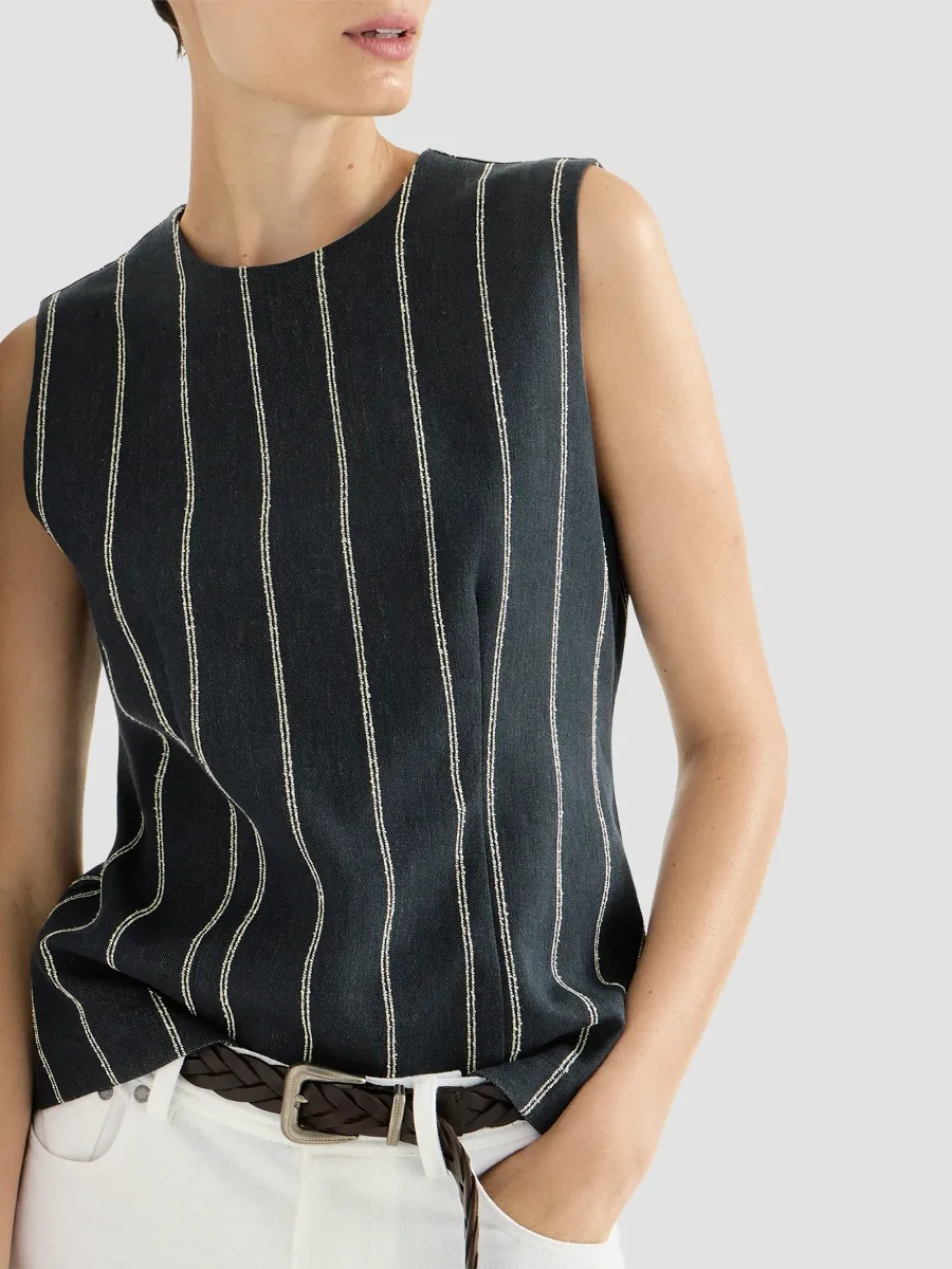 Brunello Cucinelli Women's Double Chalk Stripe Cotton And Linen Denim Top With Monili - Denim | Thumbnail 4 Brunello Cucinelli Women's Double Chalk Stripe Cotton And Linen Denim Top With Monili - Denim | Thumbnail 4