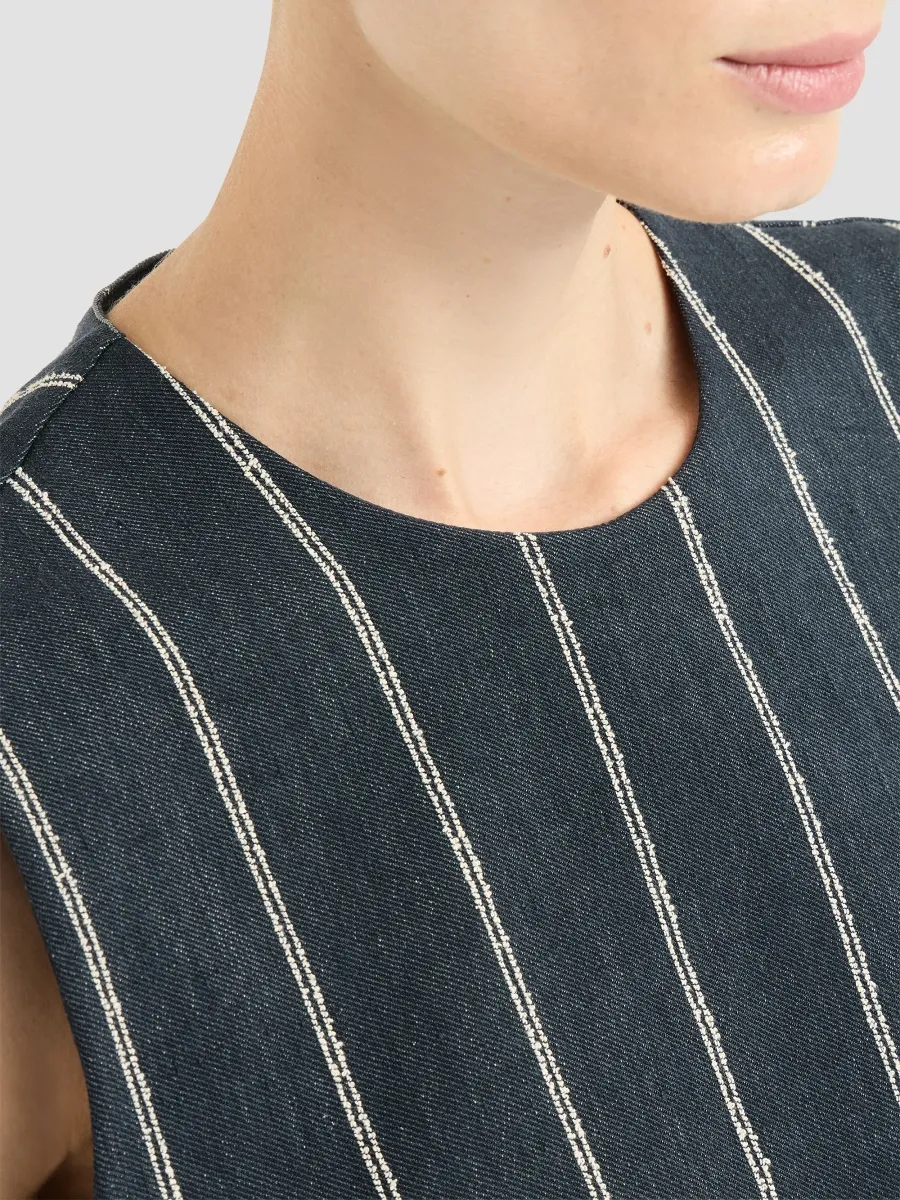 Brunello Cucinelli Women's Double Chalk Stripe Cotton And Linen Denim Top With Monili - Denim | Thumbnail 5 Brunello Cucinelli Women's Double Chalk Stripe Cotton And Linen Denim Top With Monili - Denim | Thumbnail 5