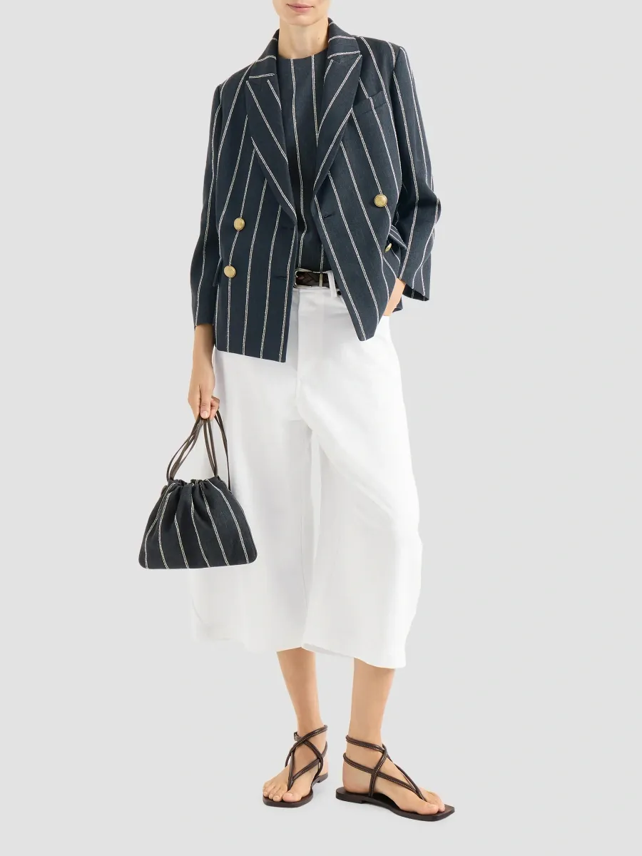 Brunello Cucinelli Women's Double Chalk Stripe Cotton And Linen Denim Top With Monili - Denim | Thumbnail 6 Brunello Cucinelli Women's Double Chalk Stripe Cotton And Linen Denim Top With Monili - Denim | Thumbnail 6