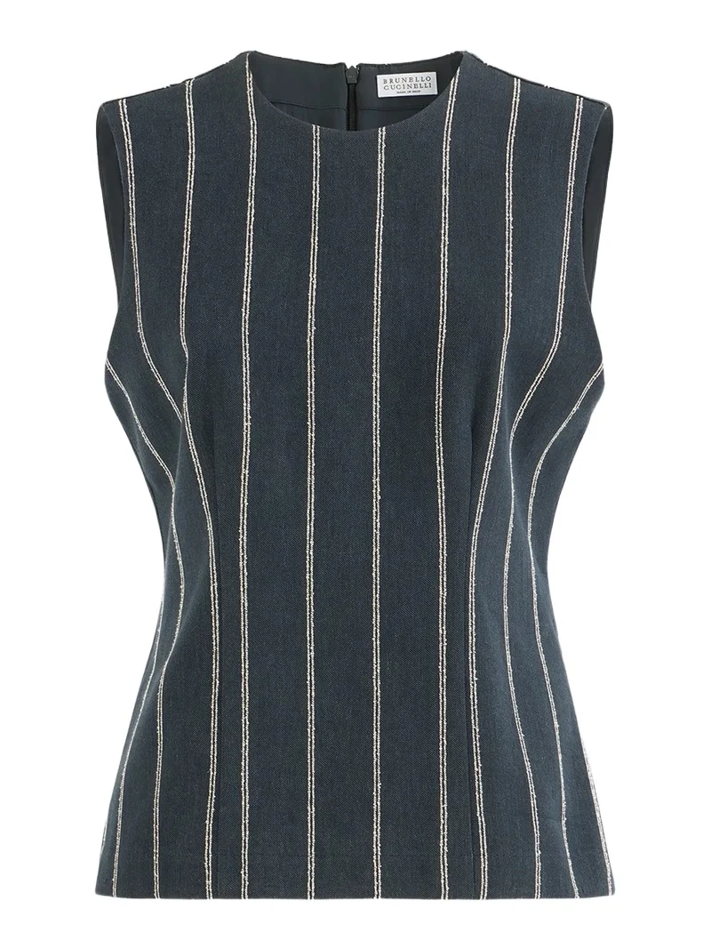 Women's Double Chalk Stripe Cotton And Linen Denim Top With Monili - Denim