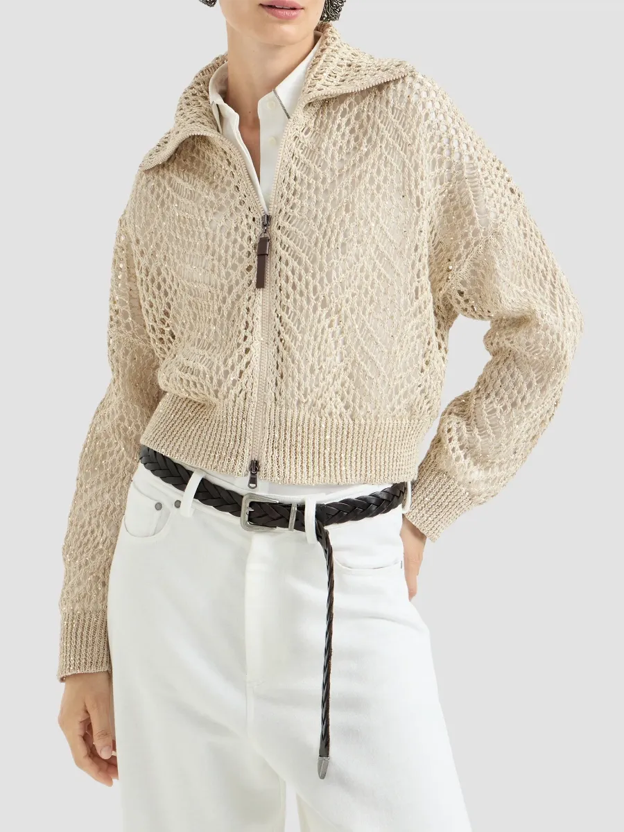 Brunello Cucinelli Women's Dazzling Abstract Leaf Cardigan in Linen with Zipper - Beige | Thumbnail 2 Brunello Cucinelli Women's Dazzling Abstract Leaf Cardigan in Linen with Zipper - Beige | Thumbnail 2