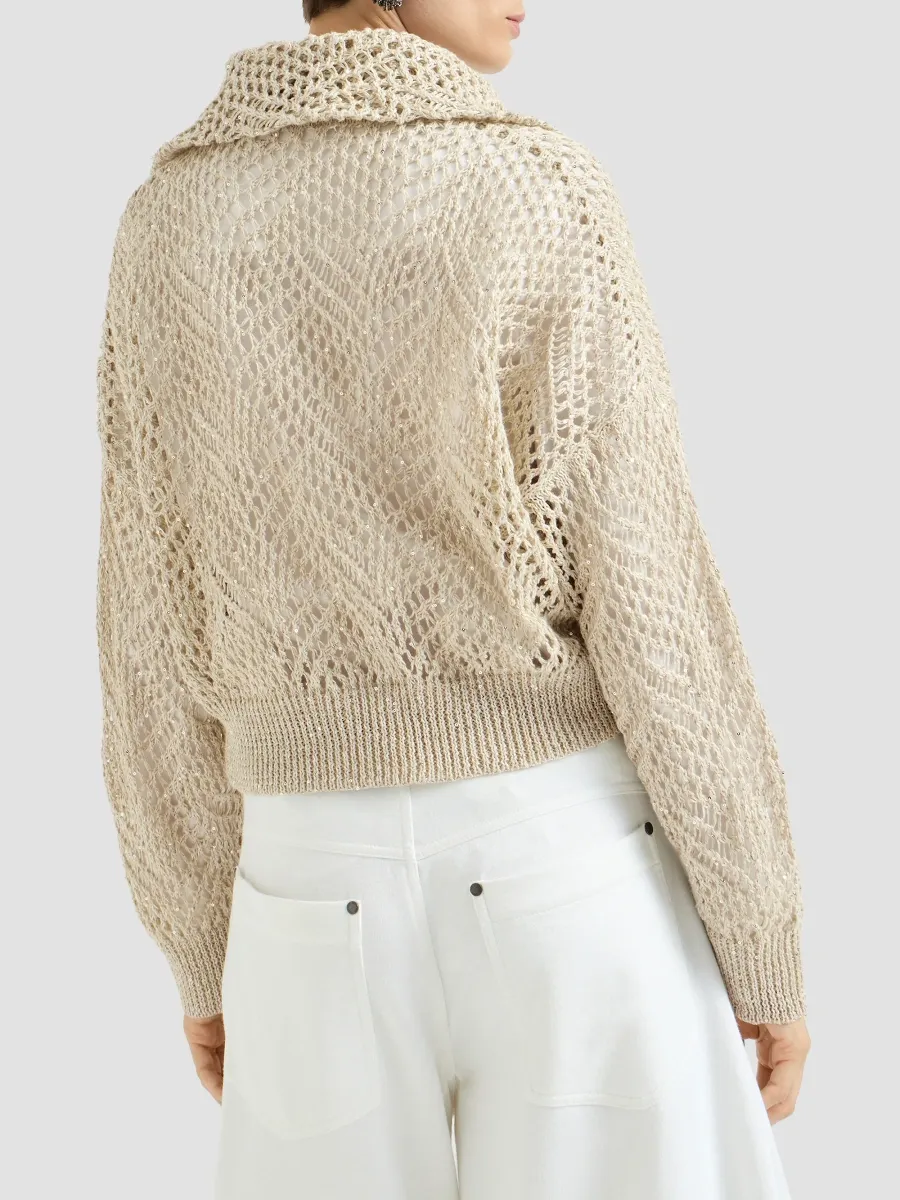 Brunello Cucinelli Women's Dazzling Abstract Leaf Cardigan in Linen with Zipper - Beige | Thumbnail 3 Brunello Cucinelli Women's Dazzling Abstract Leaf Cardigan in Linen with Zipper - Beige | Thumbnail 3