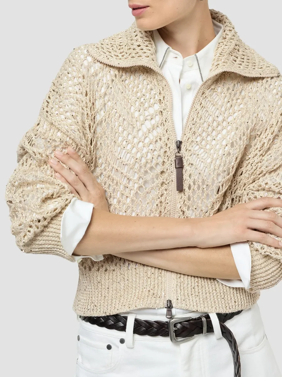 Brunello Cucinelli Women's Dazzling Abstract Leaf Cardigan in Linen with Zipper - Beige | Thumbnail 4 Brunello Cucinelli Women's Dazzling Abstract Leaf Cardigan in Linen with Zipper - Beige | Thumbnail 4