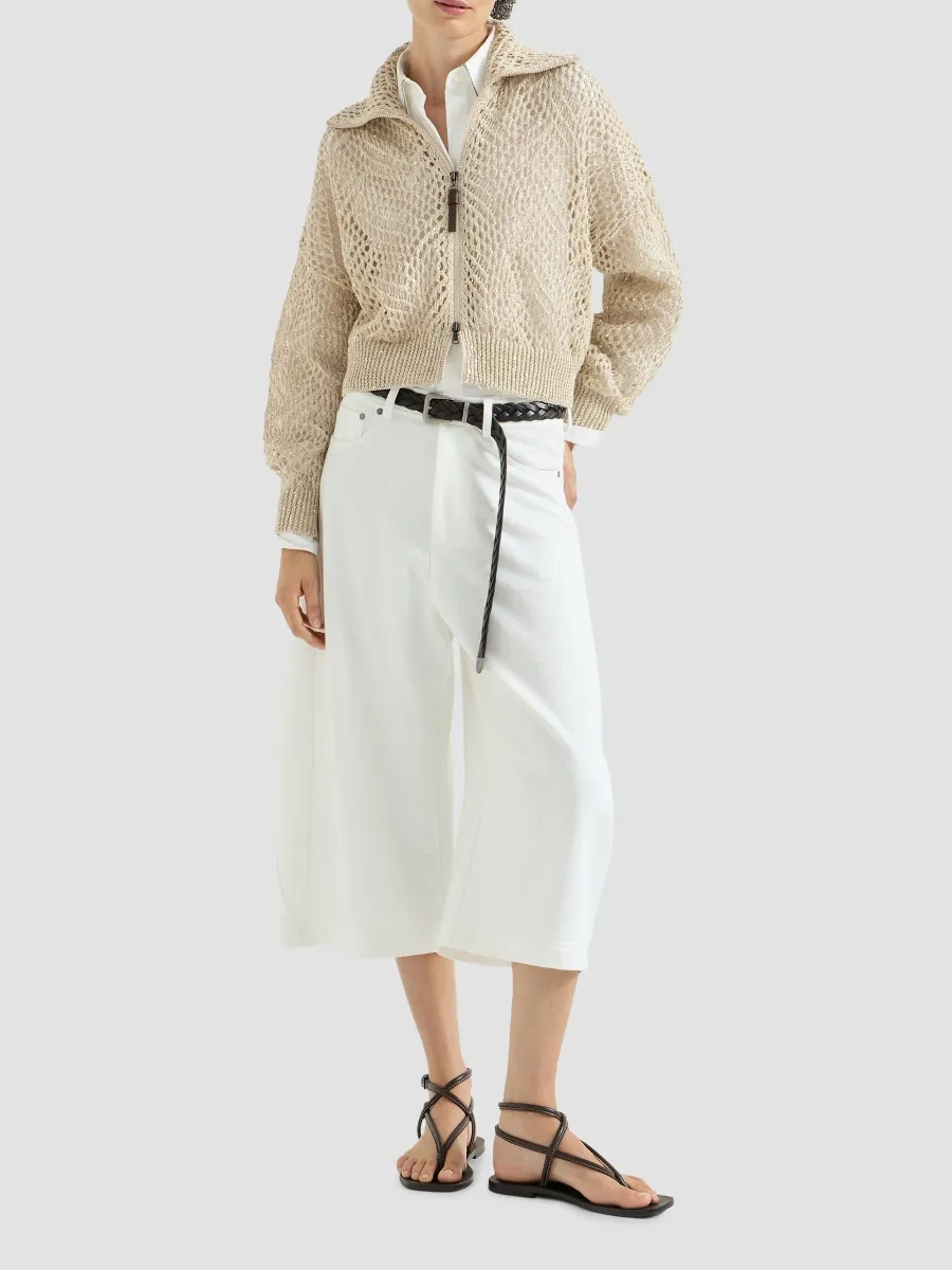 Brunello Cucinelli Women's Dazzling Abstract Leaf Cardigan in Linen with Zipper - Beige | Thumbnail 6 Brunello Cucinelli Women's Dazzling Abstract Leaf Cardigan in Linen with Zipper - Beige | Thumbnail 6
