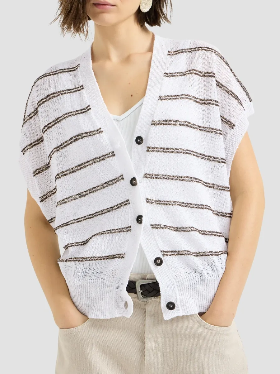 Brunello Cucinelli Women's Linen And Cotton Cardigan With Dazzling Double Stripes | Thumbnail 2