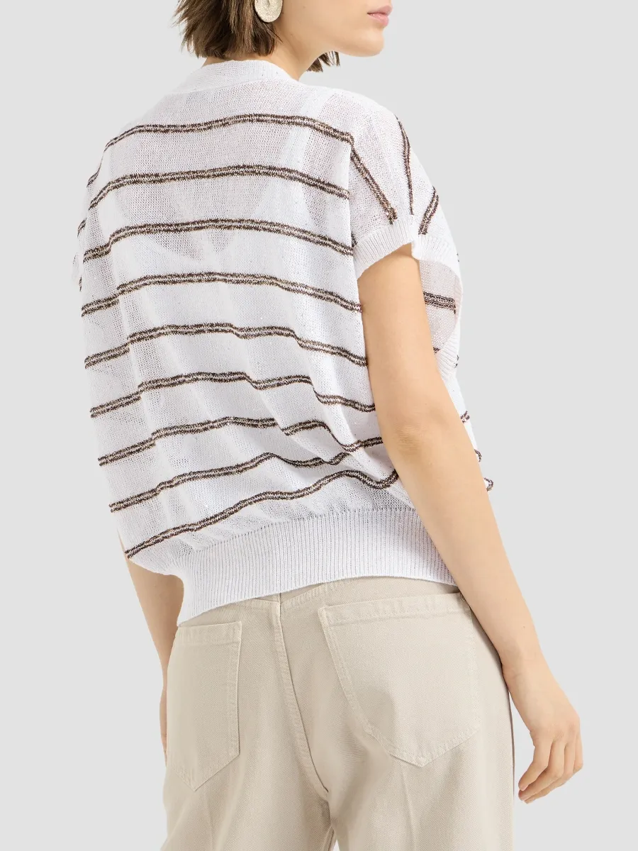 Brunello Cucinelli Women's Linen And Cotton Cardigan With Dazzling Double Stripes | Thumbnail 3