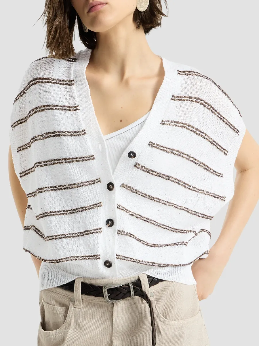 Brunello Cucinelli Women's Linen And Cotton Cardigan With Dazzling Double Stripes | Thumbnail 4
