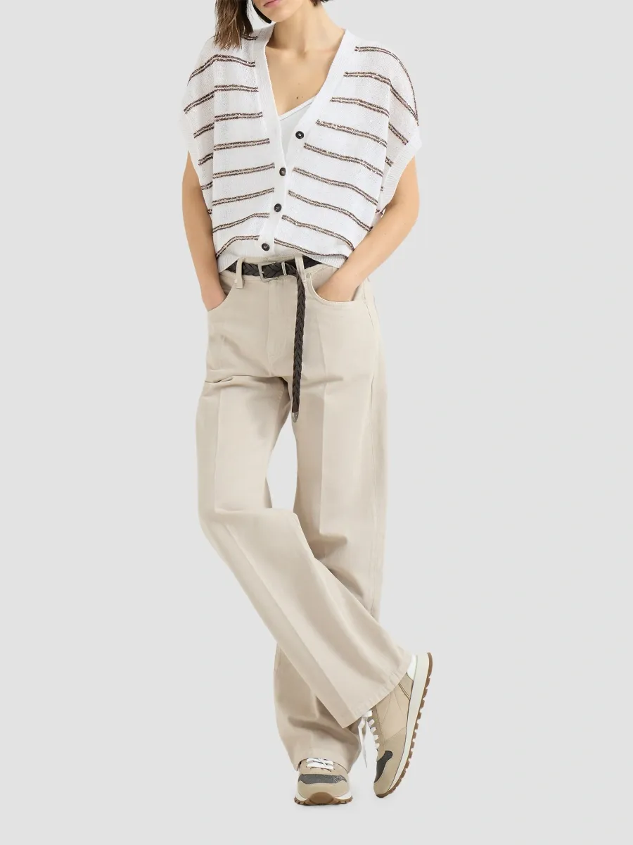 Brunello Cucinelli Women's Linen And Cotton Cardigan With Dazzling Double Stripes | Thumbnail 6