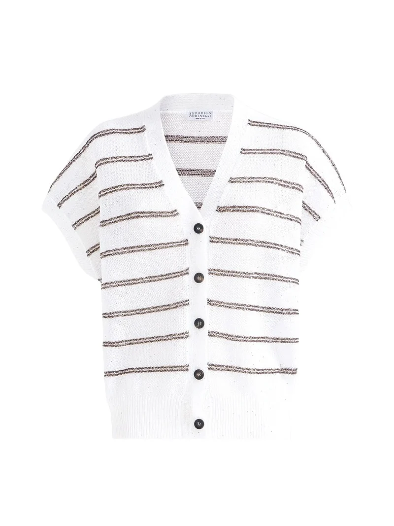 Women's Linen And Cotton Cardigan With Dazzling Double Stripes Women's Linen And Cotton Cardigan With Dazzling Double Stripes