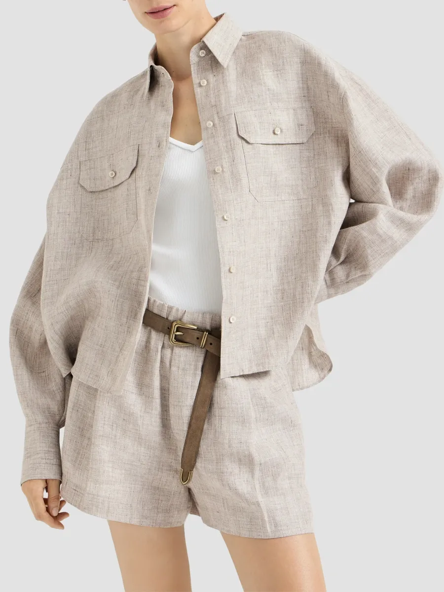 Brunello Cucinelli Women's Sparkling Linen Shirt with Monili - Light Grey | Thumbnail 3