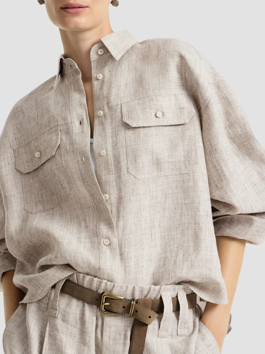 Brunello Cucinelli Women's Sparkling Linen Shirt with Monili - Light Grey | Thumbnail 5