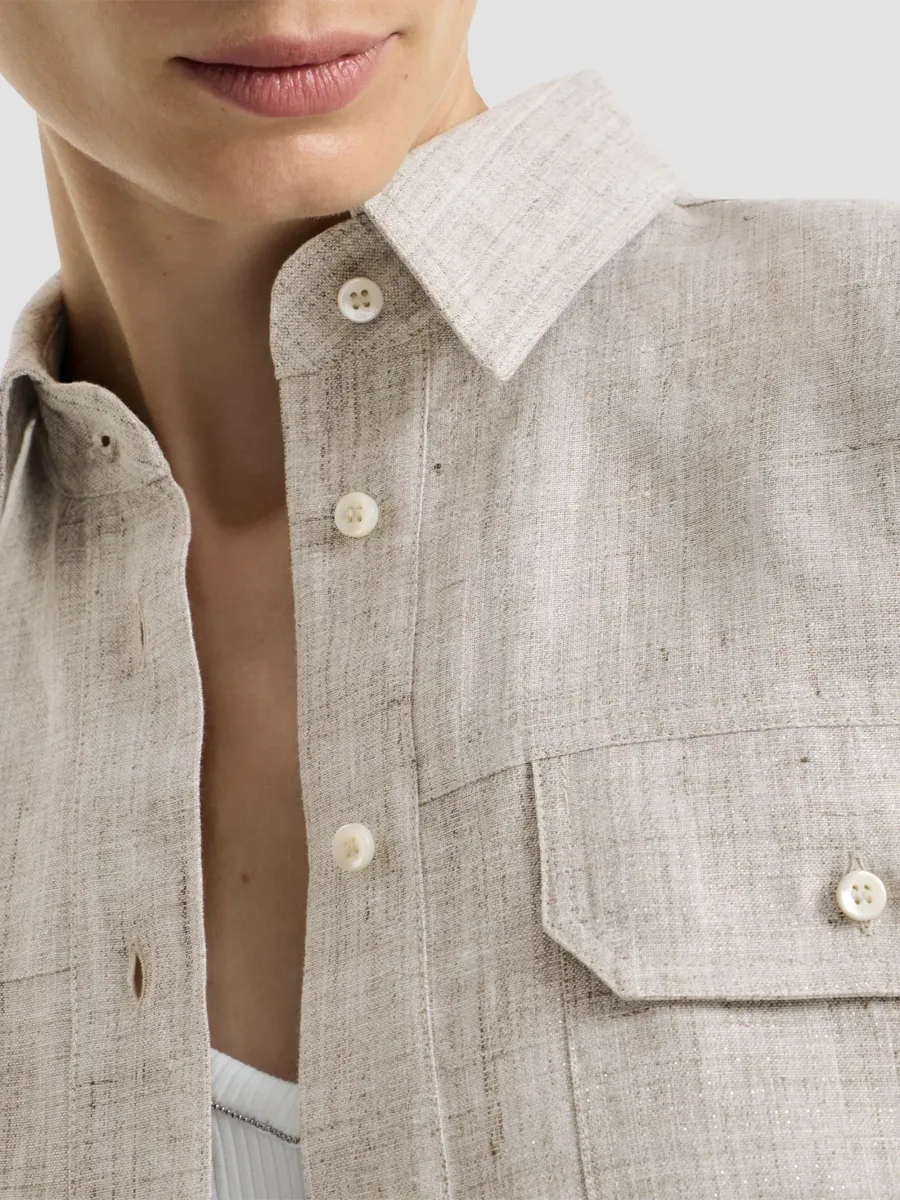 Brunello Cucinelli Women's Sparkling Linen Shirt with Monili - Light Grey | Thumbnail 6