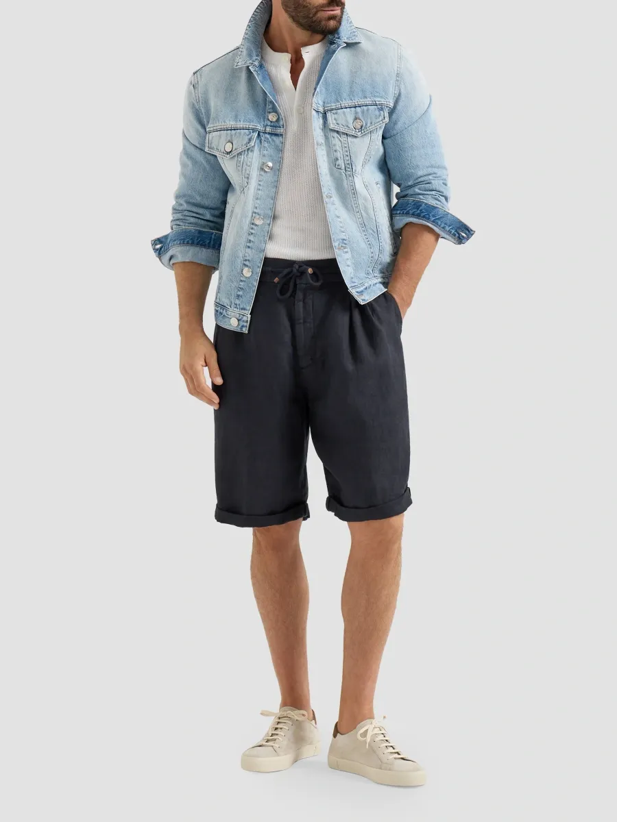 Brunello Cucinelli Men's Garment-Dyed Bermuda Shorts in Linen Gabardine - Navy Blue | Thumbnail 2