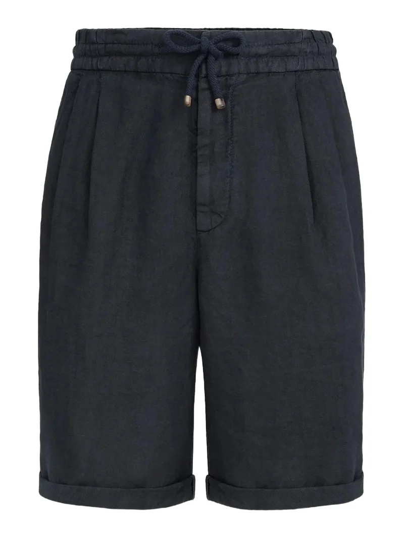 Brunello Cucinelli Men's Garment-Dyed Bermuda Shorts in Linen Gabardine - Navy Blue