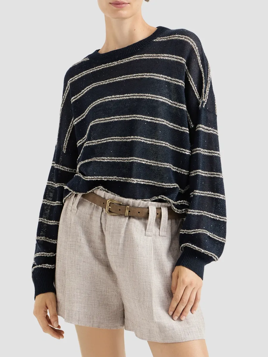 Brunello Cucinelli Women's Linen and Cotton Sweater With Dazzling Double Stripes | Thumbnail 2 Brunello Cucinelli Women's Linen and Cotton Sweater With Dazzling Double Stripes | Thumbnail 2