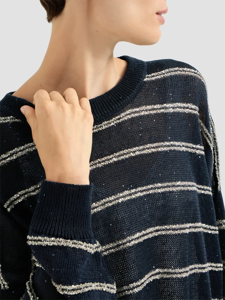 Brunello Cucinelli Women's Linen and Cotton Sweater With Dazzling Double Stripes | Thumbnail 5 Brunello Cucinelli Women's Linen and Cotton Sweater With Dazzling Double Stripes | Thumbnail 5