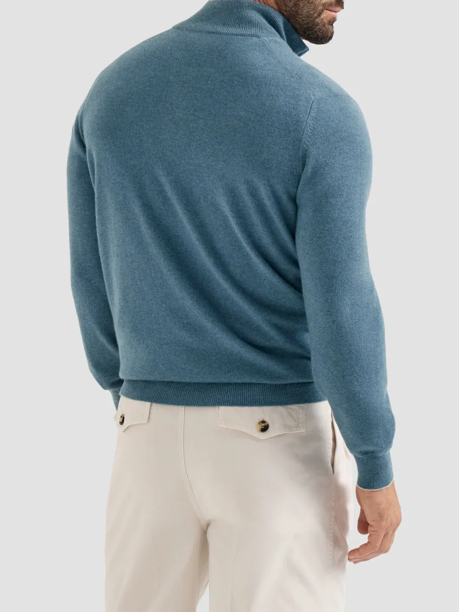 Brunello Cucinelli Men's Cashmere Sweater with Half Zip - Avio Blue | Thumbnail 4 Brunello Cucinelli Men's Cashmere Sweater with Half Zip - Avio Blue | Thumbnail 4