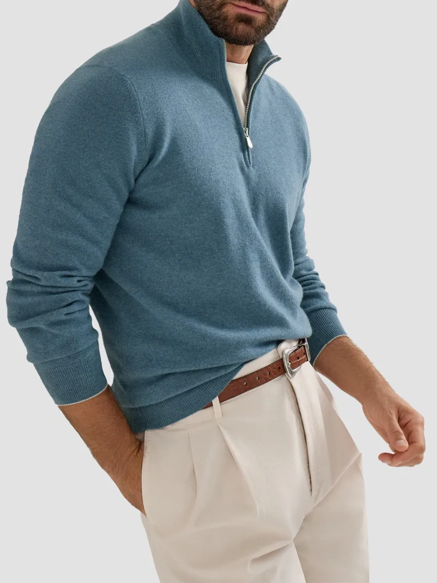 Brunello Cucinelli Men's Cashmere Sweater with Half Zip - Avio Blue | Thumbnail 5 Brunello Cucinelli Men's Cashmere Sweater with Half Zip - Avio Blue | Thumbnail 5
