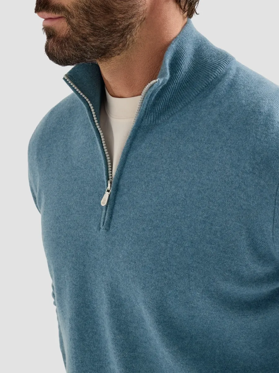 Brunello Cucinelli Men's Cashmere Sweater with Half Zip - Avio Blue | Thumbnail 6 Brunello Cucinelli Men's Cashmere Sweater with Half Zip - Avio Blue | Thumbnail 6