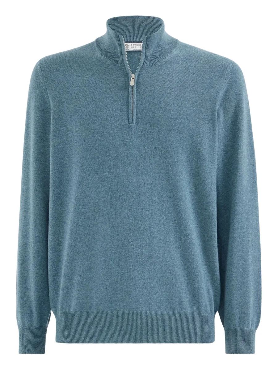 Men's Cashmere Sweater with Half Zip - Avio Blue