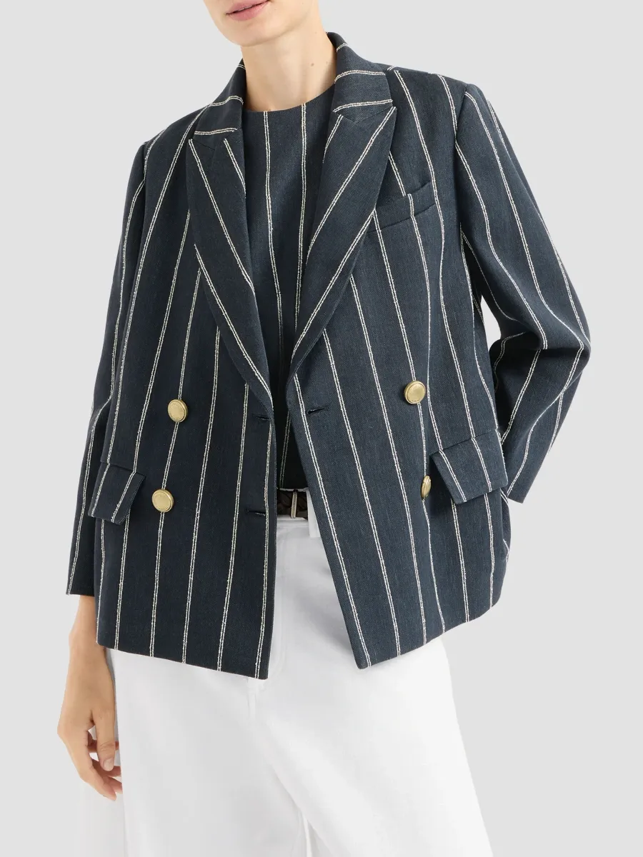 Brunello Cucinelli Women's Double Chalk Stripe Cotton and Linen Denim Blazer | Thumbnail 3 Brunello Cucinelli Women's Double Chalk Stripe Cotton and Linen Denim Blazer | Thumbnail 3