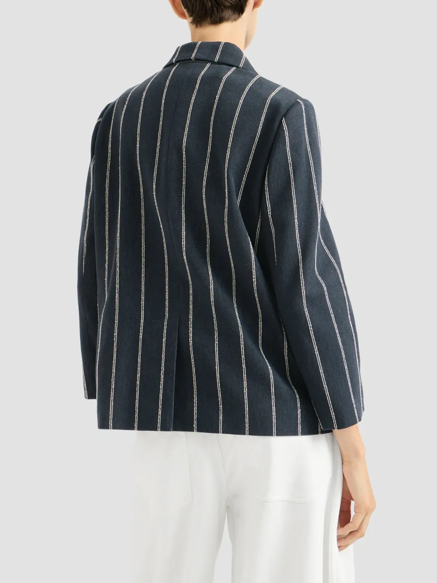 Brunello Cucinelli Women's Double Chalk Stripe Cotton and Linen Denim Blazer | Thumbnail 4 Brunello Cucinelli Women's Double Chalk Stripe Cotton and Linen Denim Blazer | Thumbnail 4