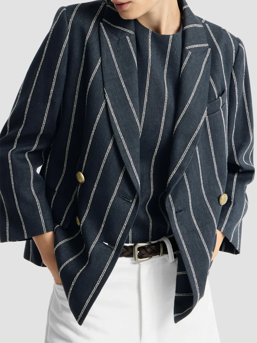 Brunello Cucinelli Women's Double Chalk Stripe Cotton and Linen Denim Blazer | Thumbnail 5 Brunello Cucinelli Women's Double Chalk Stripe Cotton and Linen Denim Blazer | Thumbnail 5