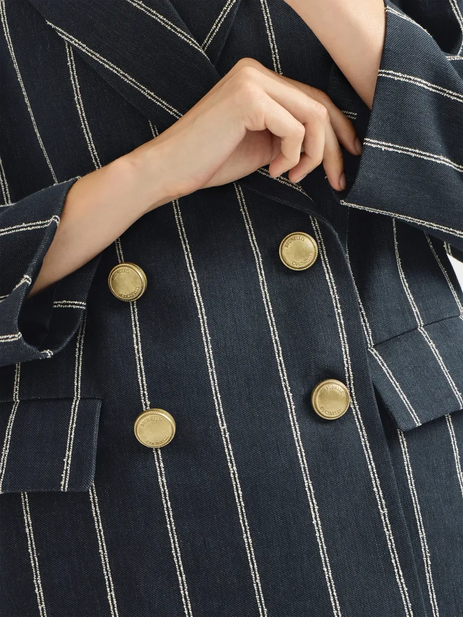 Brunello Cucinelli Women's Double Chalk Stripe Cotton and Linen Denim Blazer | Thumbnail 6 Brunello Cucinelli Women's Double Chalk Stripe Cotton and Linen Denim Blazer | Thumbnail 6