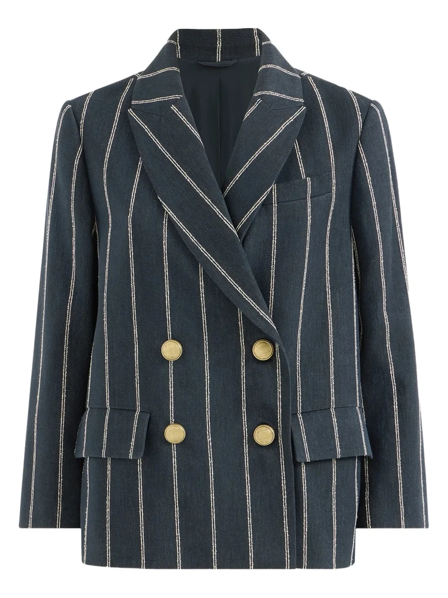 Women's Double Chalk Stripe Cotton and Linen Denim Blazer