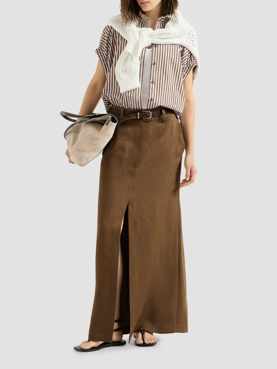Brunello Cucinelli Women's Striped Wrinkled Poplin Short Sleeve Shirt with Monili - Brown | Thumbnail 2