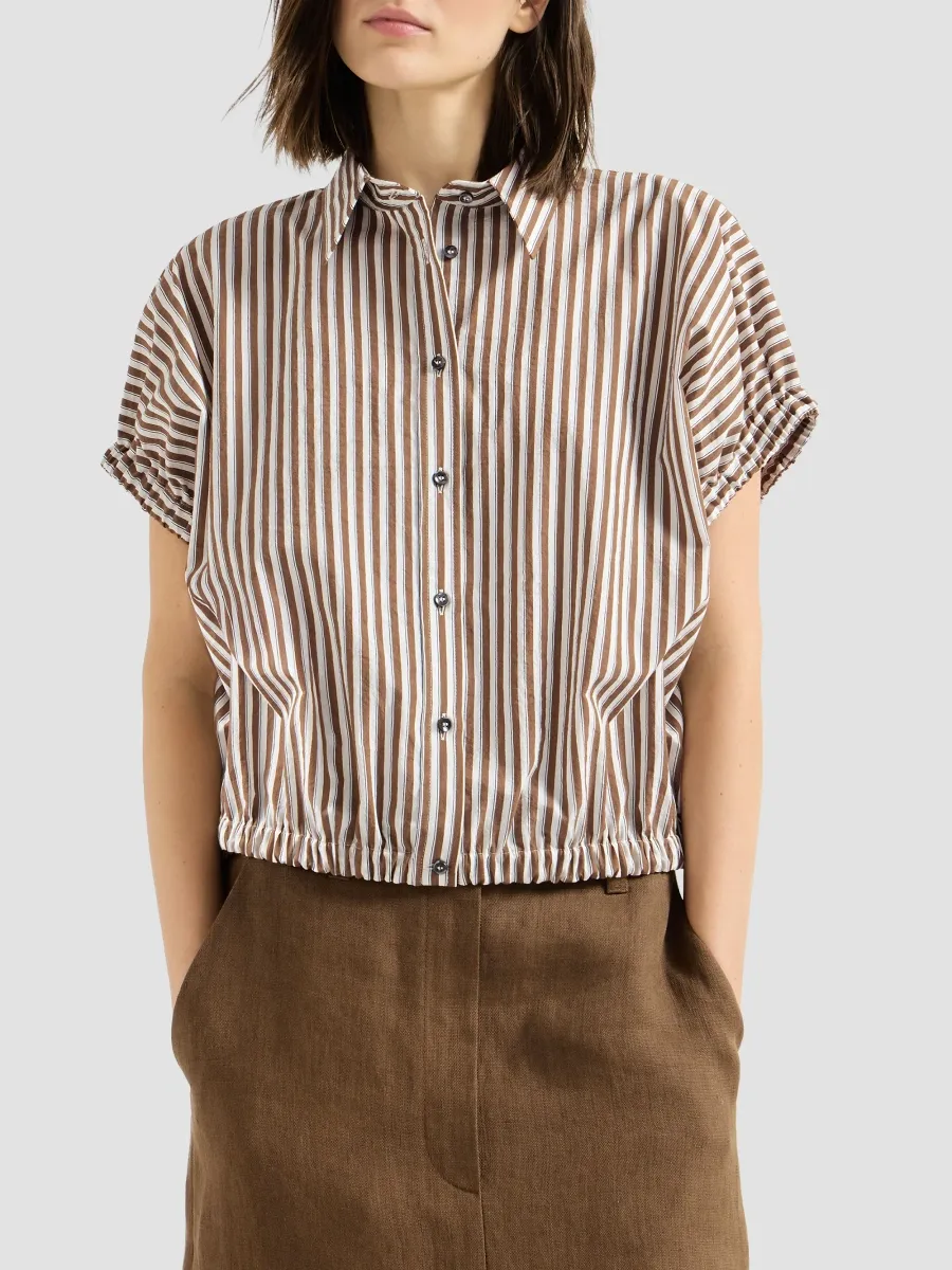 Brunello Cucinelli Women's Striped Wrinkled Poplin Short Sleeve Shirt with Monili - Brown | Thumbnail 3