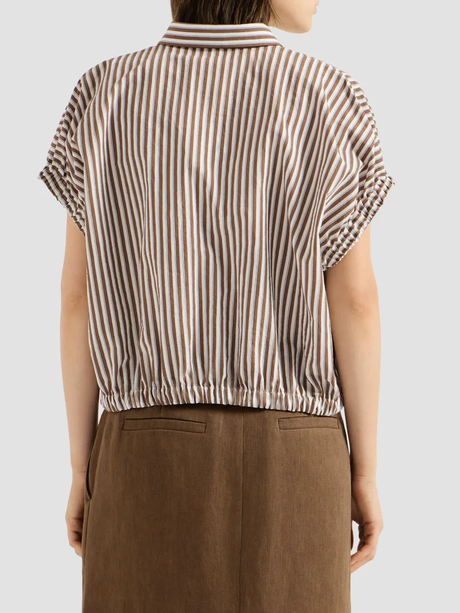Brunello Cucinelli Women's Striped Wrinkled Poplin Short Sleeve Shirt with Monili - Brown | Thumbnail 4