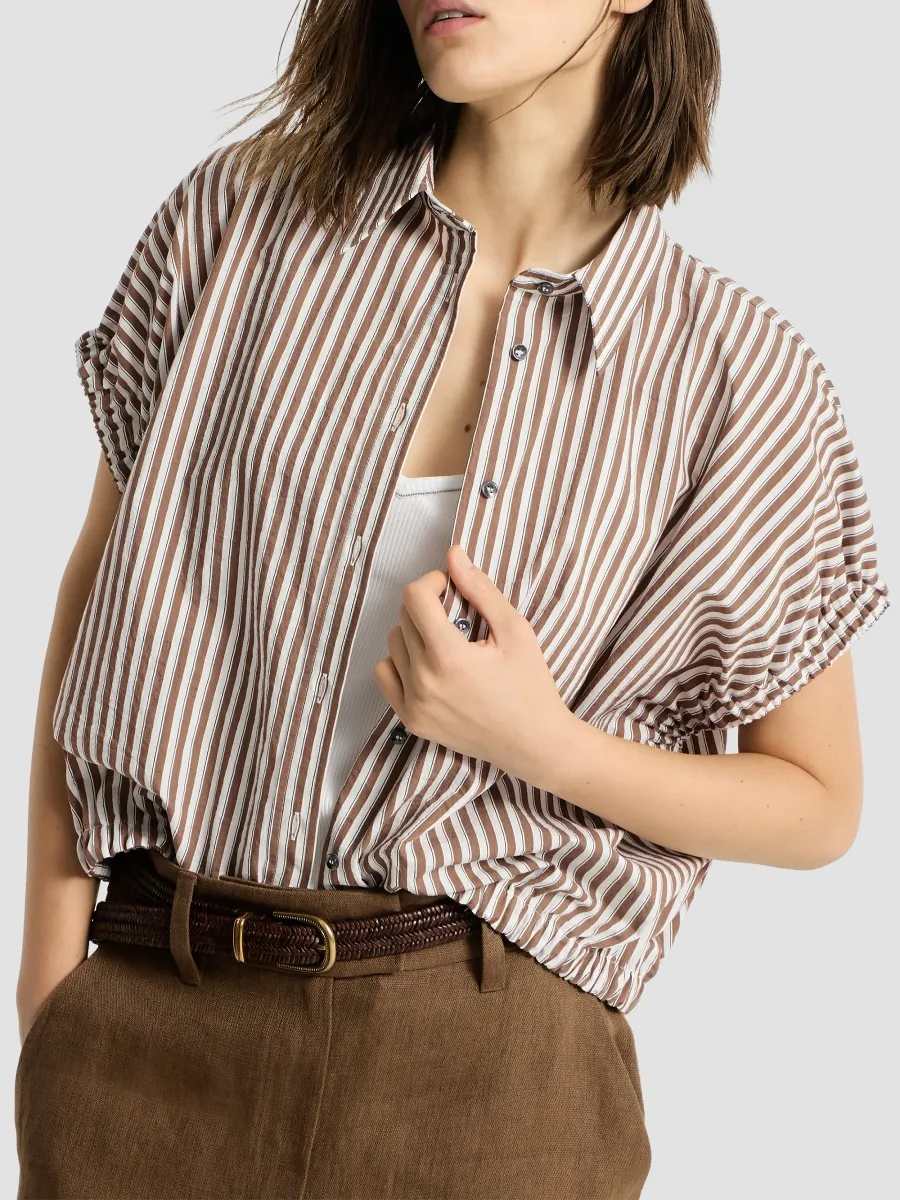 Brunello Cucinelli Women's Striped Wrinkled Poplin Short Sleeve Shirt with Monili - Brown | Thumbnail 5