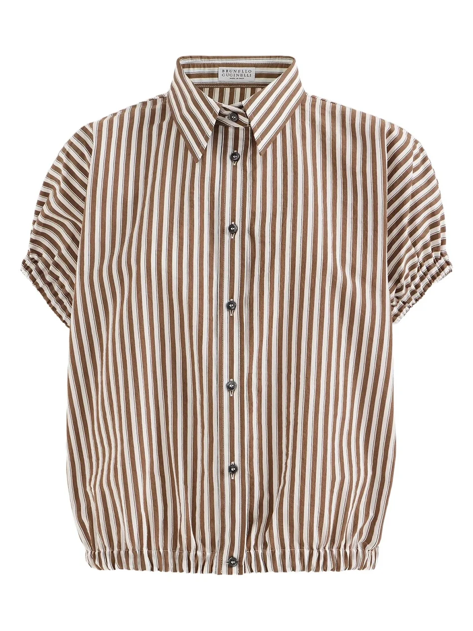 Women's Striped Wrinkled Poplin Short Sleeve Shirt with Monili - Brown