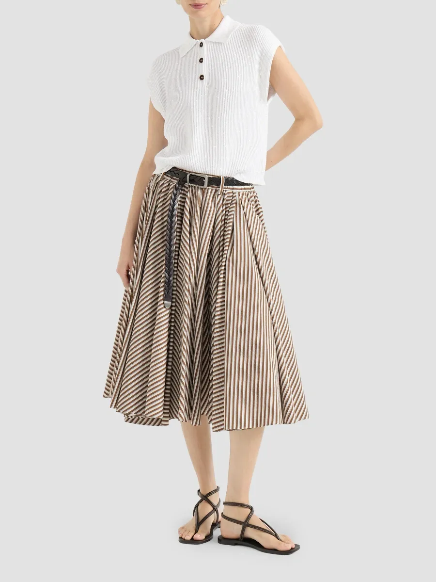 Brunello Cucinelli Women's Striped Wrinkled Poplin Pleated Skirt with Monili - Light Brown | Thumbnail 2 Brunello Cucinelli Women's Striped Wrinkled Poplin Pleated Skirt with Monili - Light Brown | Thumbnail 2