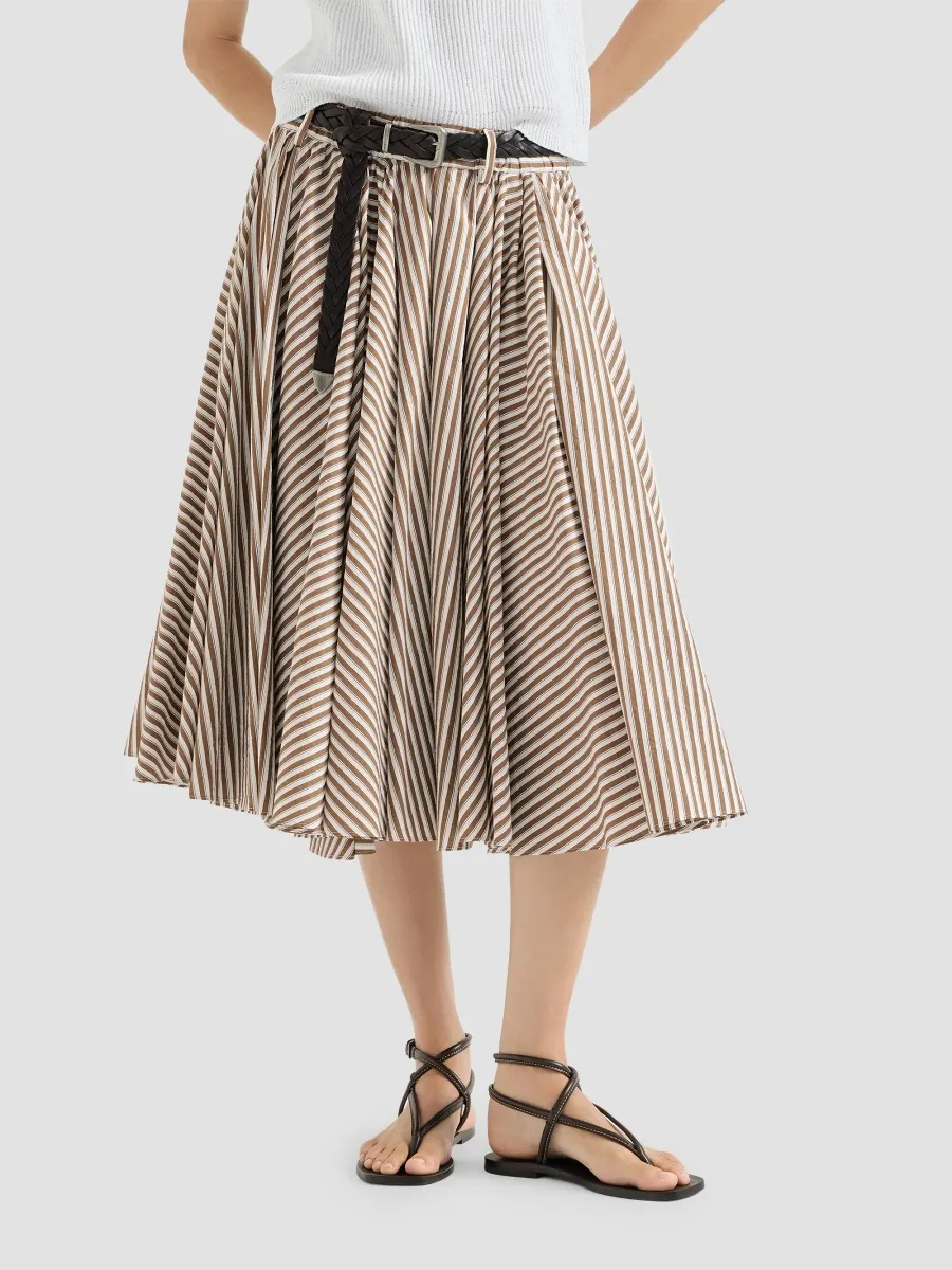 Brunello Cucinelli Women's Striped Wrinkled Poplin Pleated Skirt with Monili - Light Brown | Thumbnail 3 Brunello Cucinelli Women's Striped Wrinkled Poplin Pleated Skirt with Monili - Light Brown | Thumbnail 3