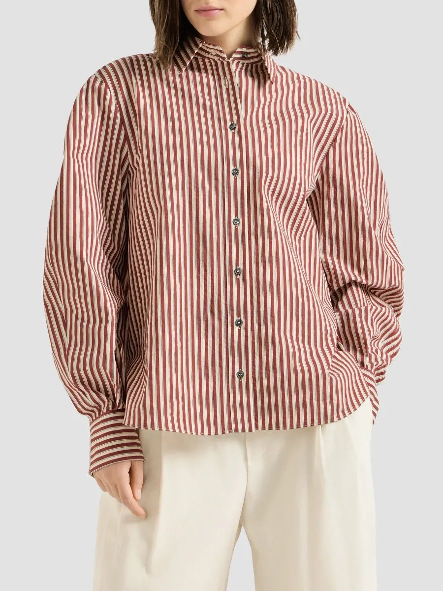 Brunello Cucinelli Women's Striped Wrinkled Poplin Shirt with Monili - Red | Thumbnail 3 Brunello Cucinelli Women's Striped Wrinkled Poplin Shirt with Monili - Red | Thumbnail 3
