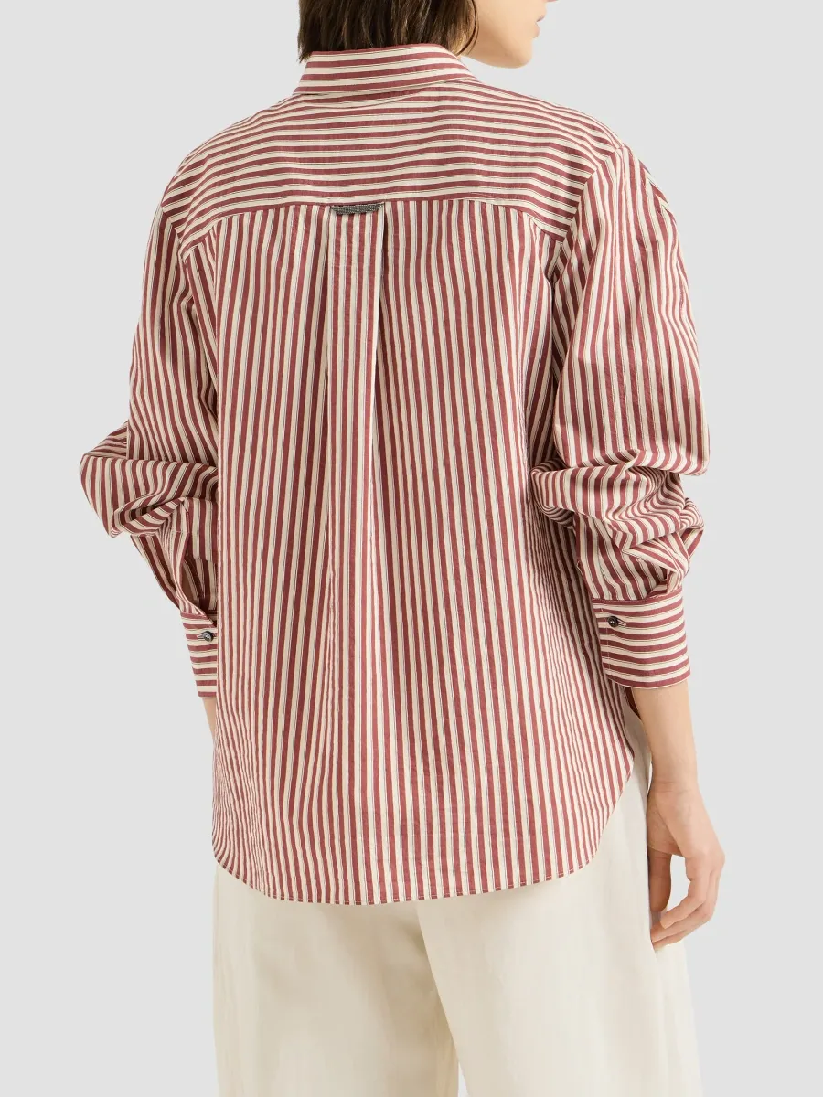 Brunello Cucinelli Women's Striped Wrinkled Poplin Shirt with Monili - Red | Thumbnail 4 Brunello Cucinelli Women's Striped Wrinkled Poplin Shirt with Monili - Red | Thumbnail 4
