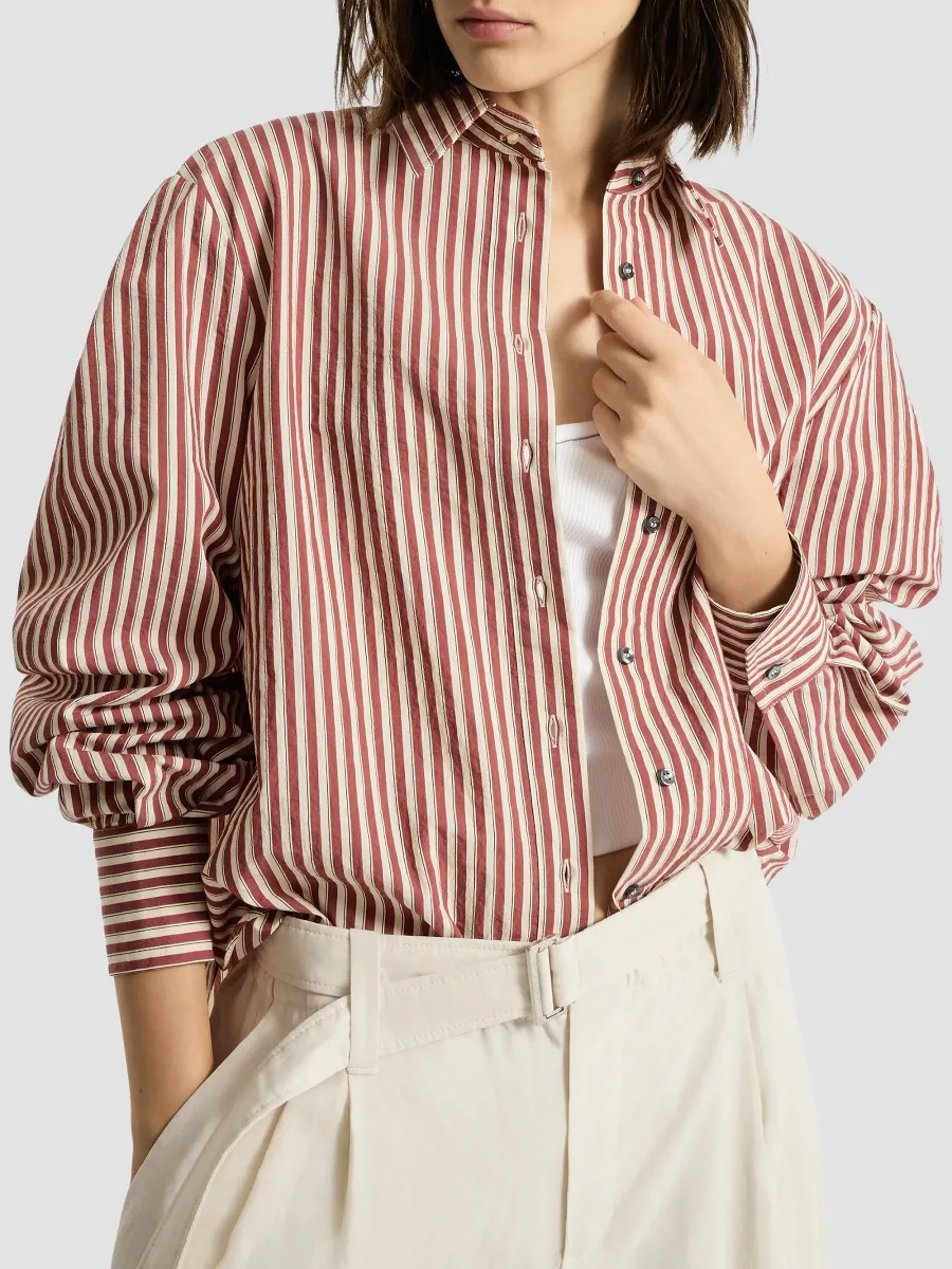 Brunello Cucinelli Women's Striped Wrinkled Poplin Shirt with Monili - Red | Thumbnail 5 Brunello Cucinelli Women's Striped Wrinkled Poplin Shirt with Monili - Red | Thumbnail 5